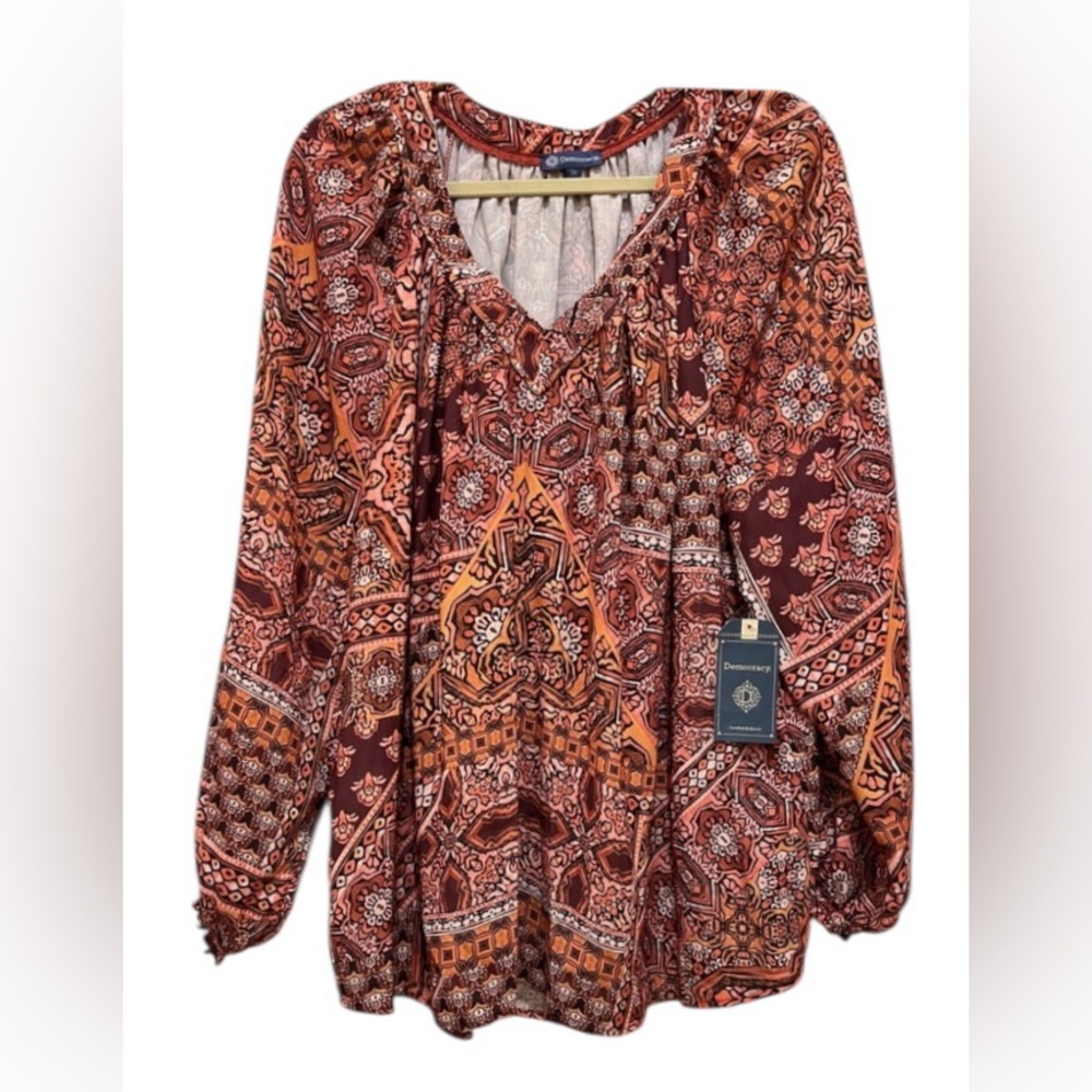 NWT Democracy women’s 3X long sleeve v-neck floral Fall Rust & brown blouse